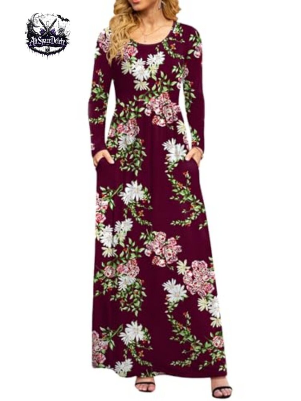 Long Sleeve Maxi Dress Empire Waist Floral Casual with Pockets